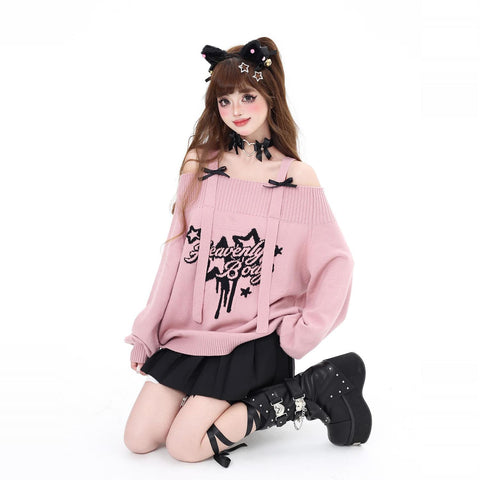 Original sweet and cool bow shoulder loose sweater