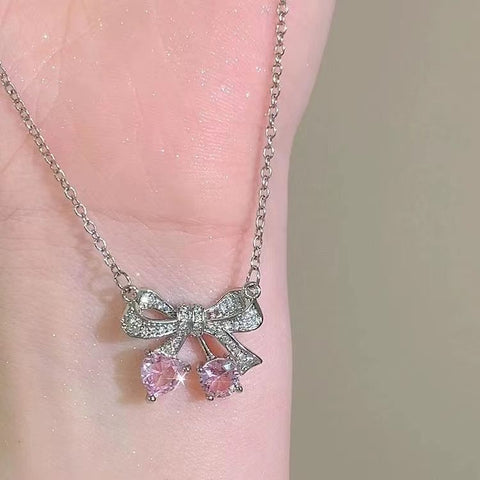 Sweet Cool Pink Diamond Cherry Bow Necklace