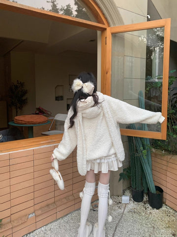 Bunny long ears hooded lamb wool sweater jacket