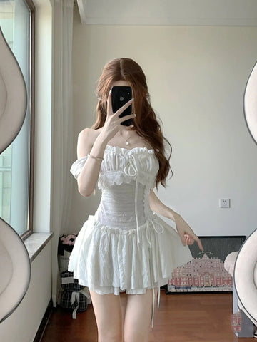 Sweet white square neck short sleeve dress