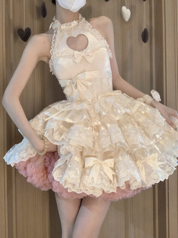 Heart-beating apricot heart hollow girl ballet style puffy skirt