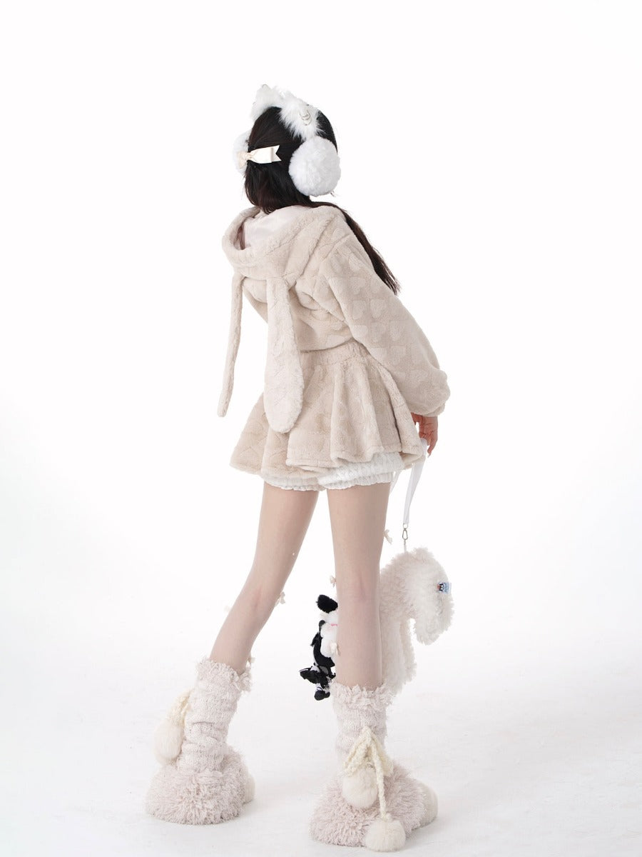 Apricot Bunny Ears Plush Suit Skirt Cute Girl Hooded Top Coat Skirt