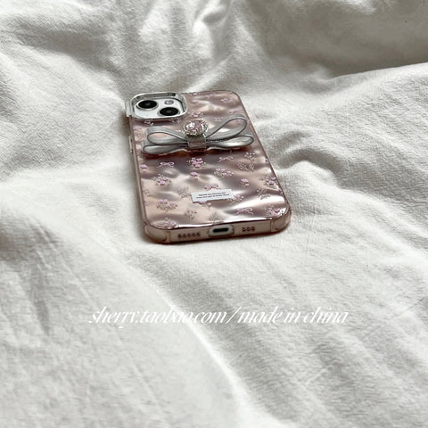 Pink gold small floral rhinestone bow phone case