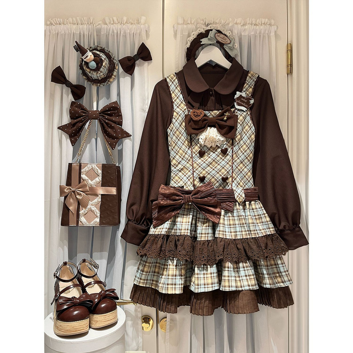 Mint Chocolate Plaid Bow Dress Set