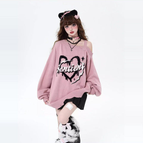 Original subculture off-shoulder loose girls autumn and winter knitted sweater