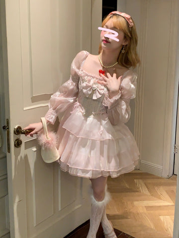 Heart Diamond Bow Pink Drawstring Princess Dress