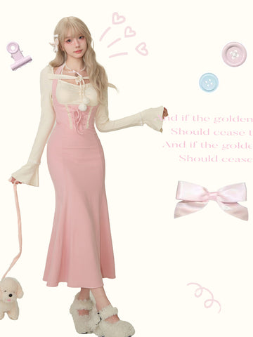 [Strawberry Buttermilk] Winter Pink High Waist New Year's Long Dress Top Skirt Set