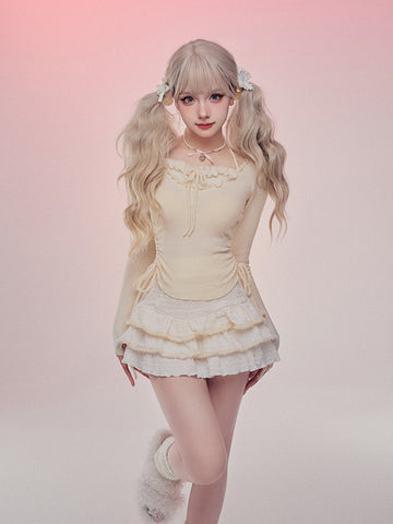 Serendipity Autumn Cream Yellow Wool Knitted Bottoming Shirt Cake Half Skirt Two-piece Suit