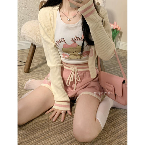 Cartoon printed short pink sports style knitted shorts