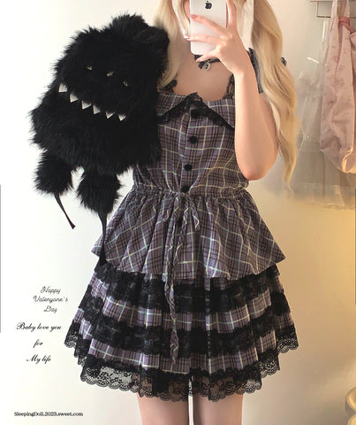 sleepingdoll Plaid Dark Abyssin Lace Suspender Skirt Set