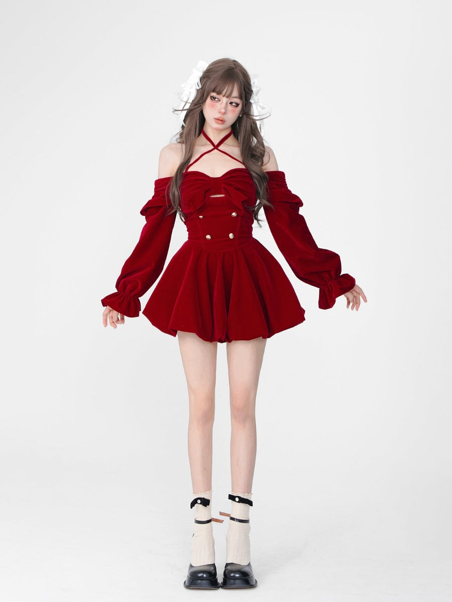 Christmas and New Year Halter One Shoulder Long Sleeve Dress Autumn And Winter
