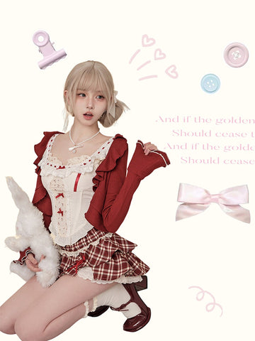 Serendipity sweet cherry red cardigan + vest top + high waist red plaid skirt