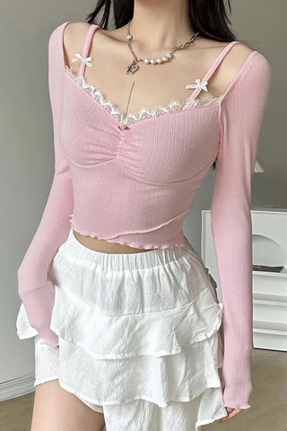 Girly Lace Lace Bow Patchwork Square Neck Long Sleeve Top