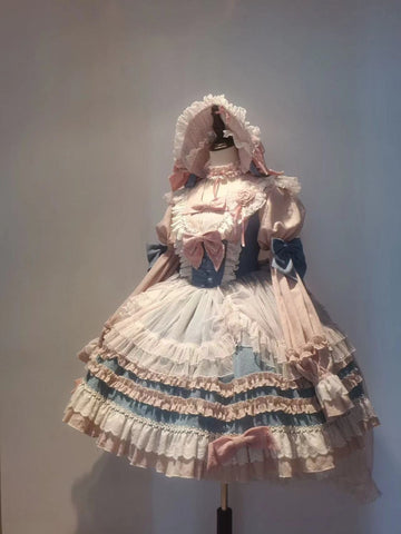 New original lolita blue and pink long-sleeved dress