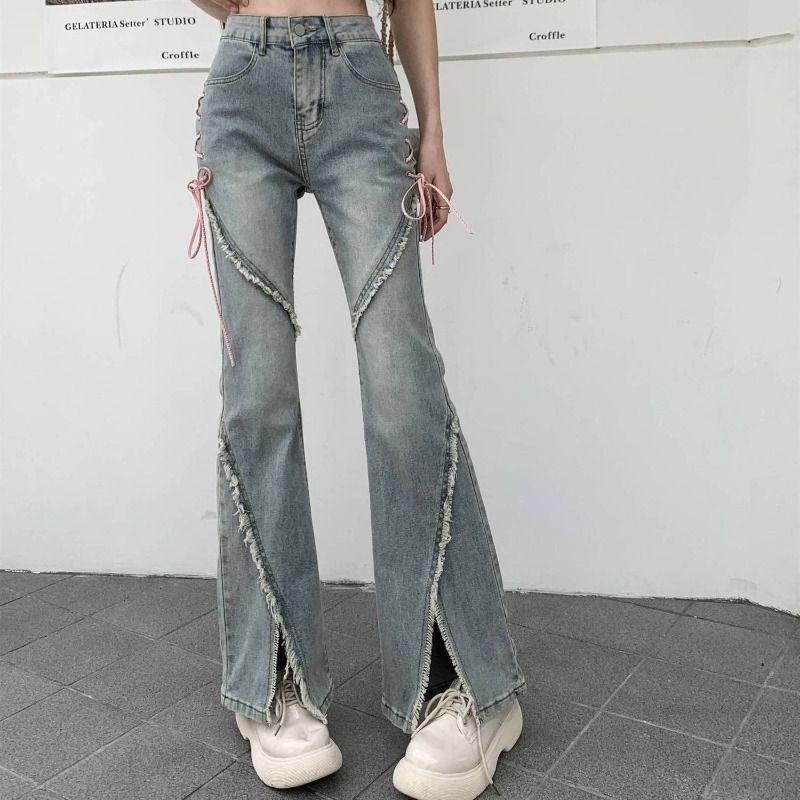Lace-Up Raw-Edged Slit Bootcut Jeans