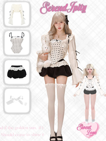 doll series brown sugar pearl beige cardigan + bra + pumpkin pants