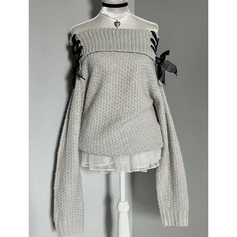 Women's retro off-shoulder grey sweater