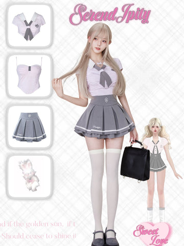 Serendipity Suit pink short-sleeved shirt top + gray high-waisted pleated skirt
