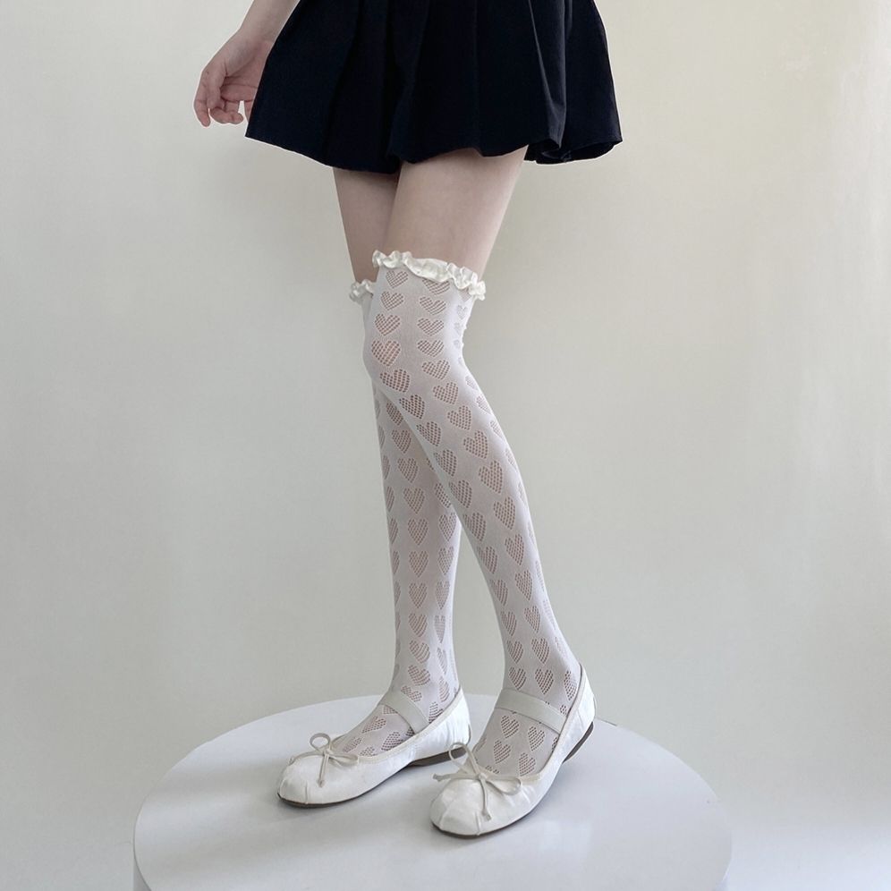 Black Lolita Knee Socks Satin Lace High Socks Hollow Heart Stockings Retro Net Socks - Jam Garden