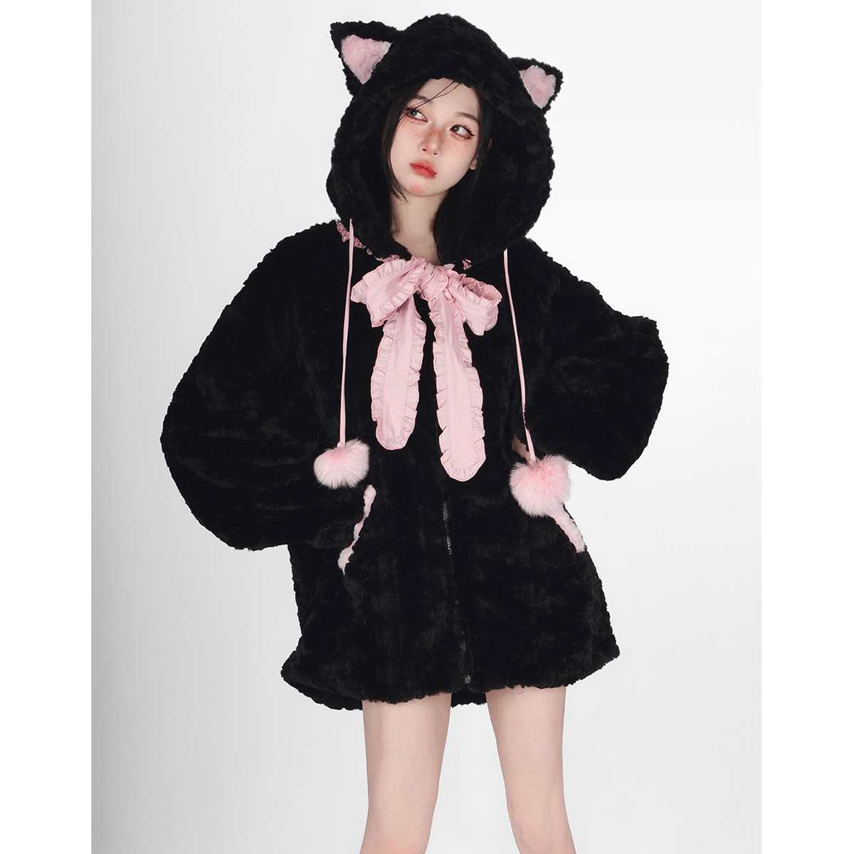 Little Wild Cat Hooded Sweater Black Tie Bow Cute Cute Age-Reducing Loose Thick Coat - Jam Garden