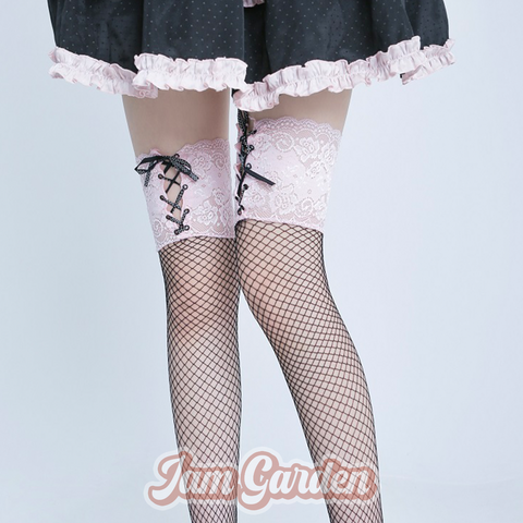 Pink Lace And Black Silk Over The Knee Lolita Socks - Jam Garden