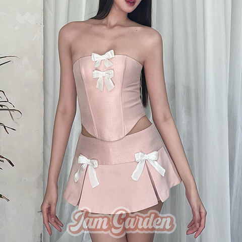 One-Shoulder Backless Bowknot Tube Top High Waist Pleated Skirt Suit - Jam Garden