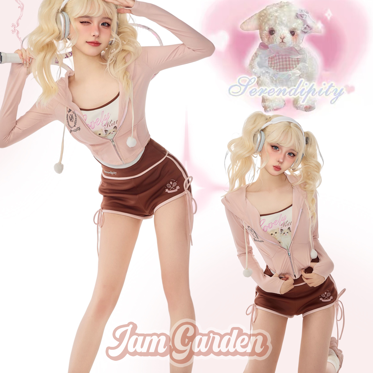 Pink Long-Sleeve Jacket With Printed Suspenders And Shorts Set - Jam Garden
