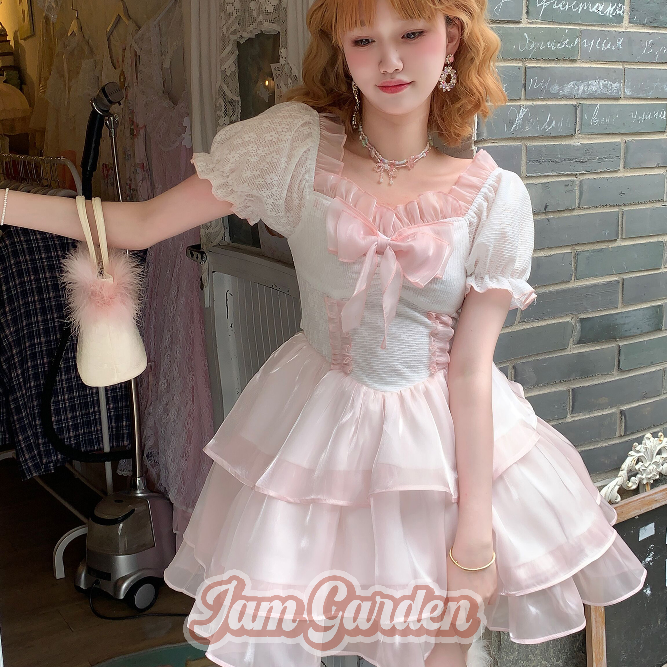 Cute Girly Fresh And Sweet Tie Puff Sleeve Dress - Jam Garden
