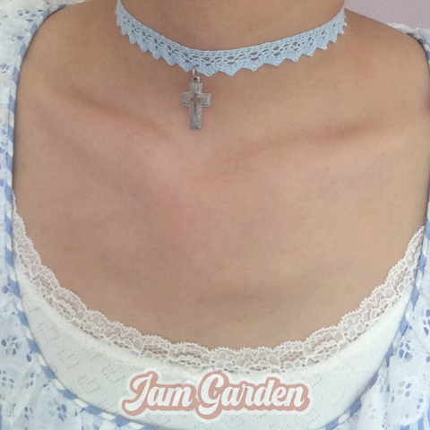 Light Blue Hollow Lace Cross Fabric Choker Necklace - Jam Garden