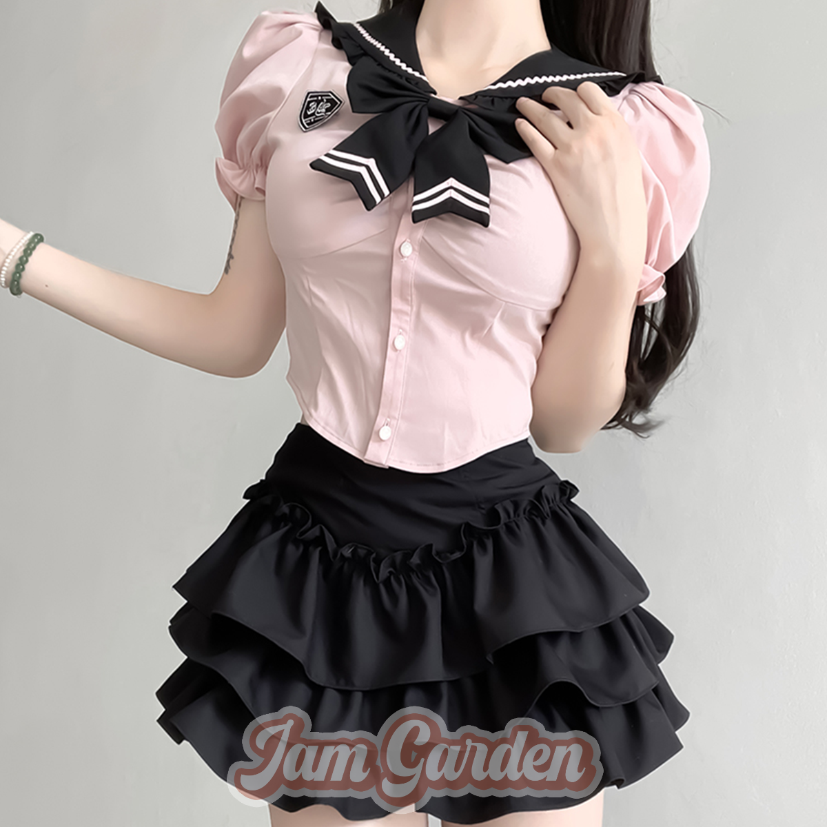Elastic Waist Cute Shirt with Tie Layered Mini Skirt - Jam Garden