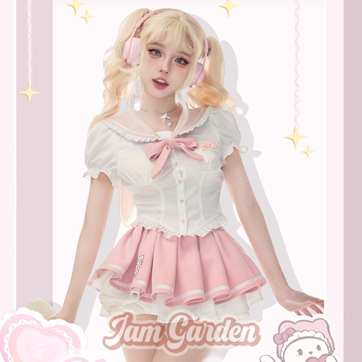 Meile Rabbit Powder White Stitching Shirt Half Skirt Two-piece Set - Jam Garden