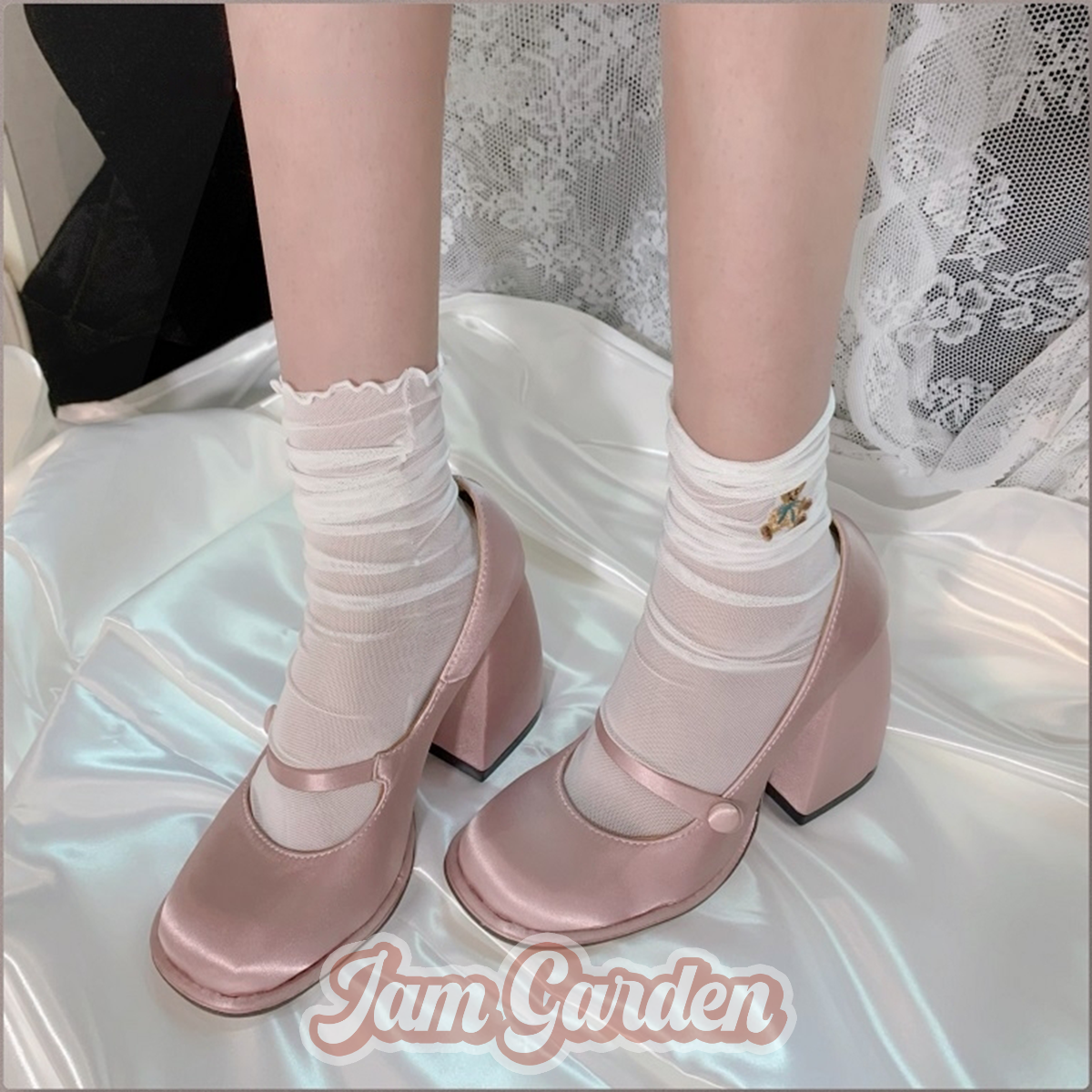 Little Princess Mary Jane Spring New Retro Pink Satin Chunky French High Heels - Jam Garden