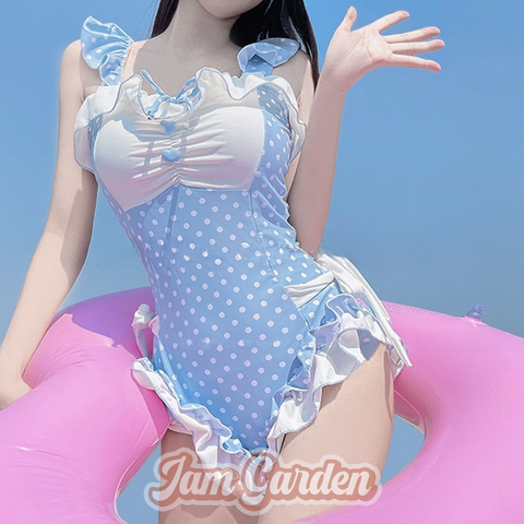 Blue Polka Dot Sweet Girl Cute Lolita One-Piece Swimsuit - Jam Garden