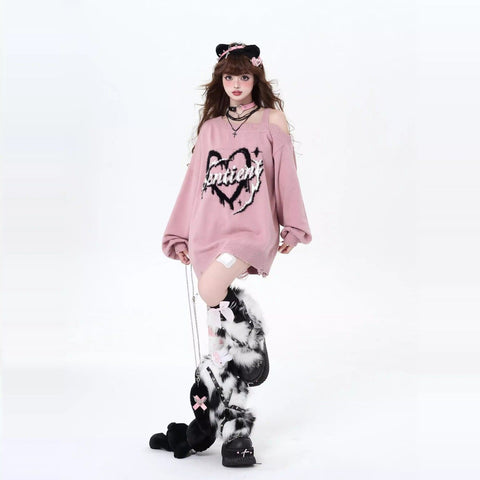 Original subculture off-shoulder loose girls autumn and winter knitted sweater