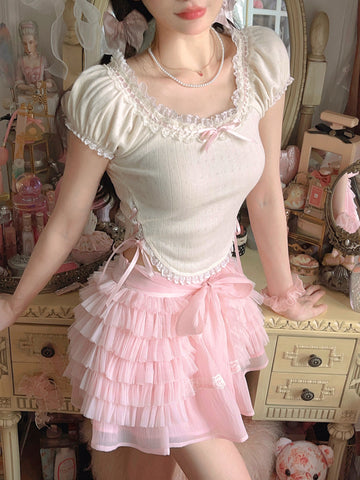 Pure and slim sweet lace-up knitted babydoll T-shirt
