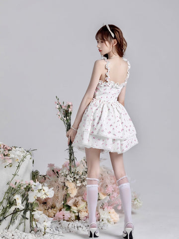 Pure Desire Princess Puffy Suspender Short Skirt Summer First Love Floral Waist Slim A-Line Dress - Jam Garden