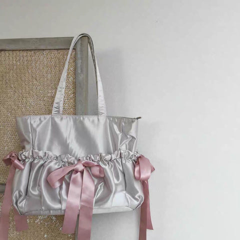 New satin ballerina style pleated bow shoulder bag