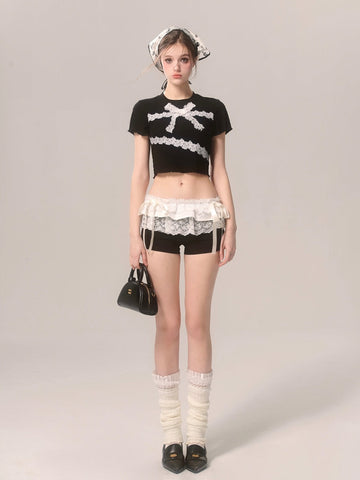Black lace original design bow versatile skirt