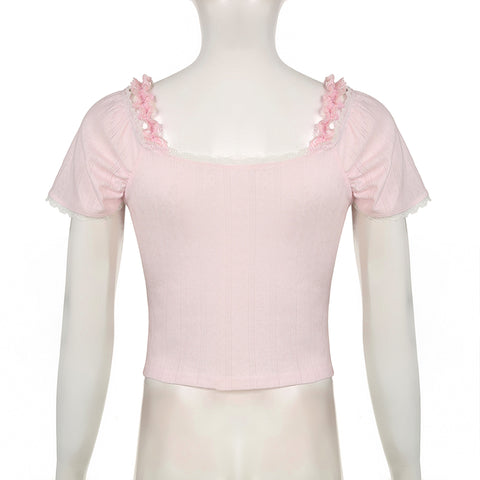 Sweetheart Girl Bowknot Lace Round Neck Short Sleeve T-shirt