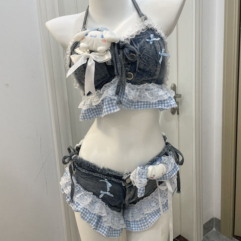 Short jeans bikini suspender set