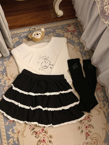 Cute Bunny Print Long Sleeve T-Shirt Fantasy Ballet Lace Splicing Cake Skirt Set