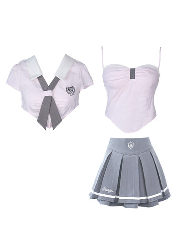 Serendipity Suit pink short-sleeved shirt top + gray high-waisted pleated skirt