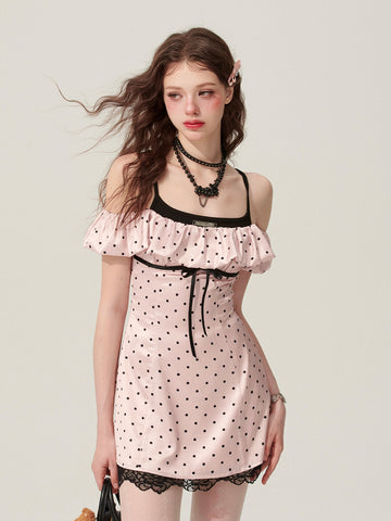 Dolly baby Women's summer pink polka dot dress one shoulder