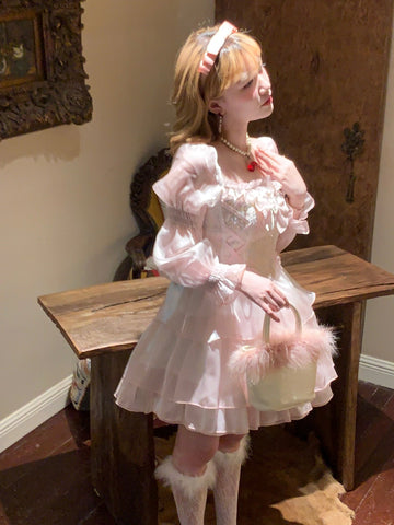 Heart Diamond Bow Pink Drawstring Princess Dress
