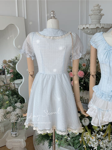 Sweet girly lace baby doll collar bow puff sleeve dress
