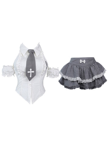 Serendipity Virtual Academy Set White Shirt Top + Grey Pleated Skirt