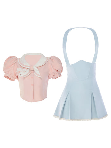 [SET]-Pink Short Sleeve Blue Suspender Short Skirt Two-Piece Suit - Jam Garden