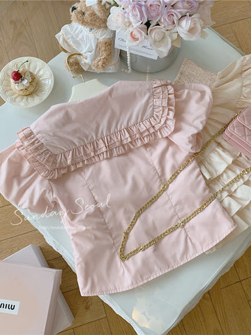 White Peach Puff Sleeve Shirt Sweet Butterfly Suit