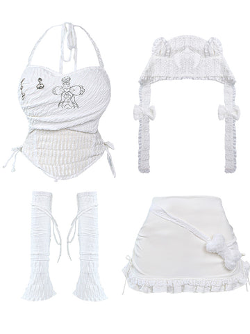 Serendipity Bandage Little Bone Summer Suit White Vest Top + High Waist Skirt + Hat