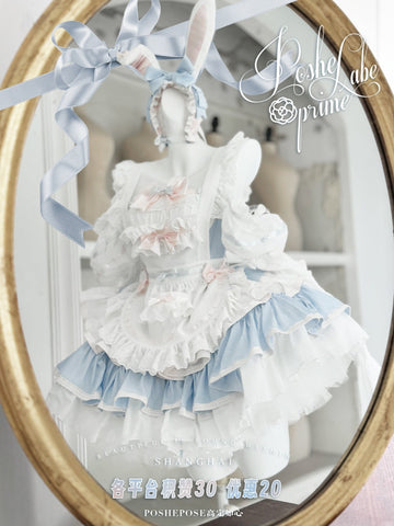 POSHEPOSE Blue and white apron rabbit princess style new bow dress suit